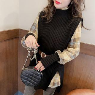 Set: Plaid Shirt + Ribbed Knit Vest Black - One Size