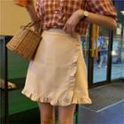 Plaid Short-sleeve Blouse / Ruffle Trim Mini A-line Skirt