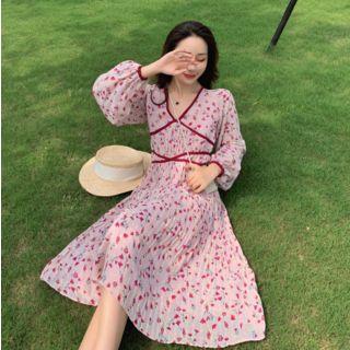 3/4-sleeve Contrast Trim Floral A-line Midi Dress