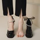 Faux Pearl Bow Accent Platform Block Heel Sandals