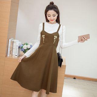 Set: Long-sleeve Top + Embroidered Jumper Dress