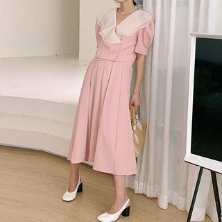 Set: Short-sleeve Collared Blouse + Pleated Midi Skirt