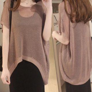 Set: Short-sleeve Pointelle Knit Top + Midi Tank Dress