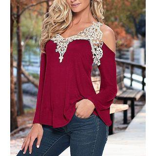 Lace Trim Off-shoulder Long-sleeve T-shirt