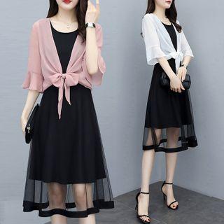 Set: Bell-sleeve Chiffon Jacket + Sleeveless Mesh A-line Dress