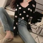 Long-sleeve V-neck Dotted T-shirt