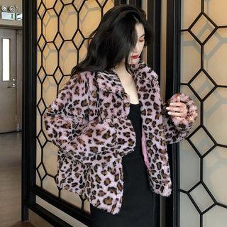 Leopard Print Faux Shearling Jacket Leopard - Pink - One Size