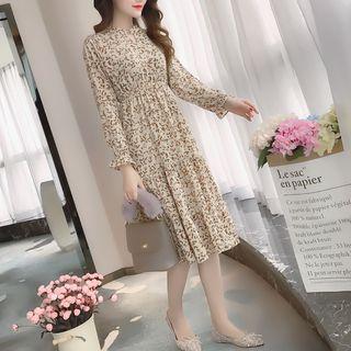 Cutout Printed Long-sleeve Midi Dress