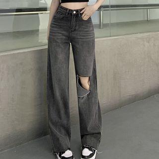 Mid Waist Washed Distressed Wide Leg Jeans