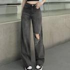 Mid Waist Washed Distressed Wide Leg Jeans