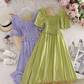 Square Collar Puff-sleeved Chiffon Dress