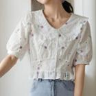 Elbow-sleeve Collared Floral Embroidered Blouse