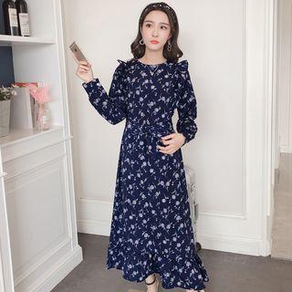 Long-sleeve Floral Print Chiffon Midi Dress