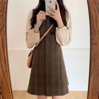 Puff Sleeve Blouse / Plaid Pinafore Dress