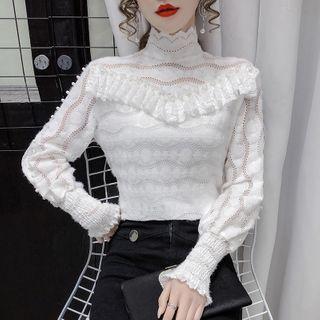 Mock-neck Beaded Ruffle Trim Lace Top