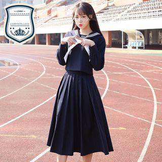 Set: Sailor Collar Shirt + Midi Skirt
