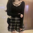 Long-sleeve Button-up Top / Plaid Pleated Skirt