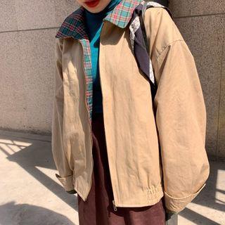 Plaid Zipped Jacket / High-waist Plain Skirt