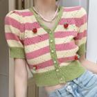 Short-sleeve Striped Button-up Knit Crop Top