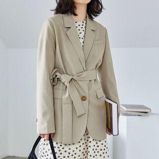 Plain Tie-waist Single-breasted Blazer