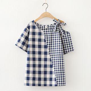 Gingham Cold-shoulder Short-sleeve Blouse As Shown In Figure - One Size