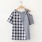 Gingham Cold-shoulder Short-sleeve Blouse As Shown In Figure - One Size
