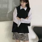 Plain Shirt / Knit Vest / Zebra Print Mini A-line Skirt
