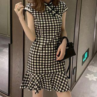 Short-sleeve Plaid Mini Mermaid Qipao