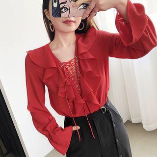 Ruffle-trim Lace-up Long-sleeve Blouse