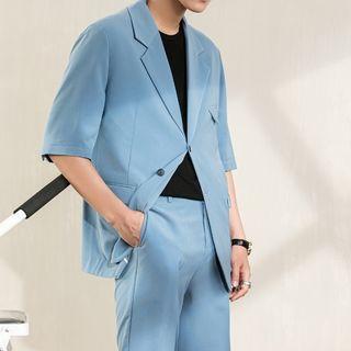 Set: Short-sleeve Single-breasted Blazer + Straight-cut Shorts
