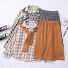 Set: Inset-shawl Plaid Shirt + High-waist Midi Skirt