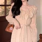 Long-sleeve Lace Panel Cable Knit Midi A-line Dress Beige - One Size