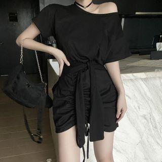Mock Two-piece Short-sleeve Drawstring A-line Dress