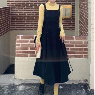 Plain High-neck Top + Double-buttoned Pinafore Dress