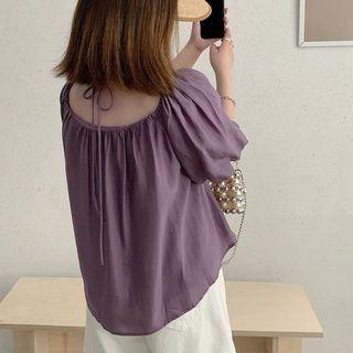 Short-sleeve Drawstring Plain T-shirt Purple - One Size