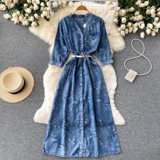 V-neck Flower Print Denim Dress