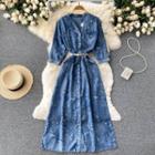 V-neck Flower Print Denim Dress