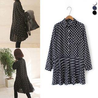 Dotted Long-sleeve Pleated Dress