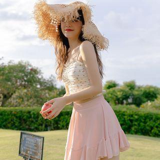 Set: Spaghetti-strap Floral Print Swim Top + Swim Skirt + Bottom