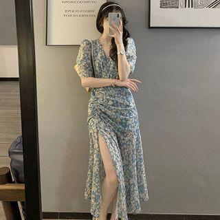 Puff-sleeve V-neck Floral Drawstring Side-slit Chiffon Dress