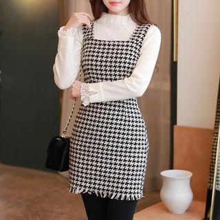 Sleeveless Fringe-hem Houndstooth Minidress