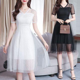Dotted Mesh Short-sleeve A-line Dress
