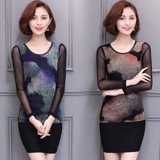 Printed Mesh Long-sleeve Top