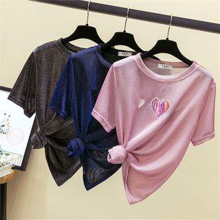 Short-sleeve Heart Embroidered Sheer T-shirt