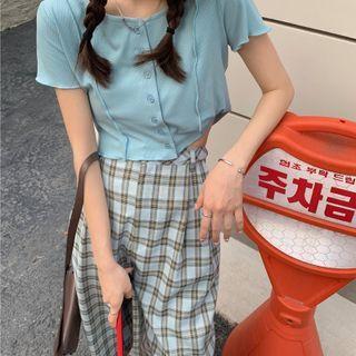 Short-sleeve Button-up Top / Plaid Wide Leg Pants