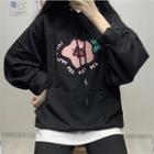 Flower Embroidered Hoodie Fleece - Black - One Size