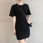 Short-sleeve Cut-out Back Mini T-shirt Dress Black - One Size