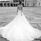 Sleeveless Embroidered Lace Trained Wedding Gown