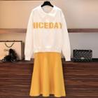 Set: Lettering Polo-neck Sweater + Midi A-line Skirt Sweater - White - One Size / Skirt - Yellow - One Size