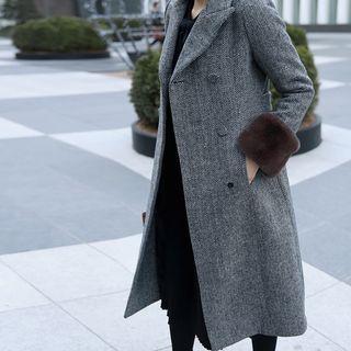 Faux-fur Detail Wool Blend Herringbone Coat Black - One Size
